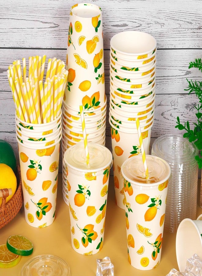 Kochorie 180 Pieces/60 Sets Lemonade Cups Disposable Paper Cups with Lids and Paper Straws 16oz Yellow Paper Cups Lemonade Stand Supplies for Cold Hot Beverage Juice Summer Fruit Party - Image 4